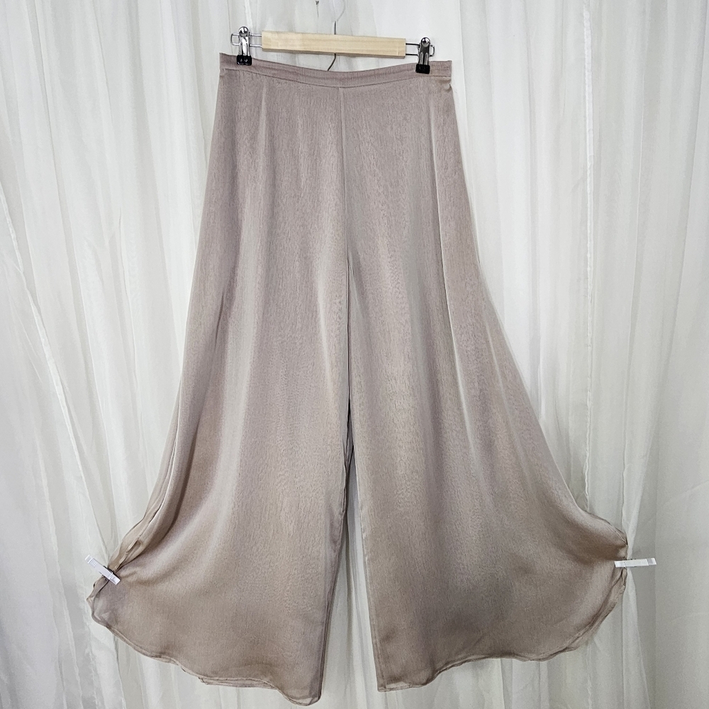 St. John Evening Wide-Leg Silk Satin Chiffon Layered Side Slit Trousers Taupe 8 - Picture 1 of 12